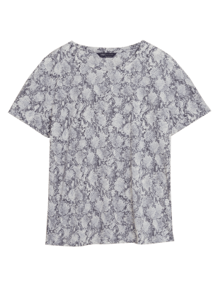 

Womens M&S Collection Bequemes T-Shirt mit Rundhalsausschnitt und Tiermuster - Grey Mix, Grey Mix