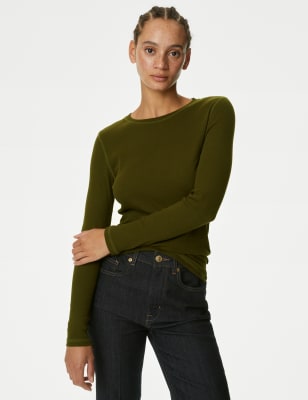 

Womens M&S Collection Geripptes Oberteil mit hohem Baumwollanteil - Dark Khaki, Dark Khaki