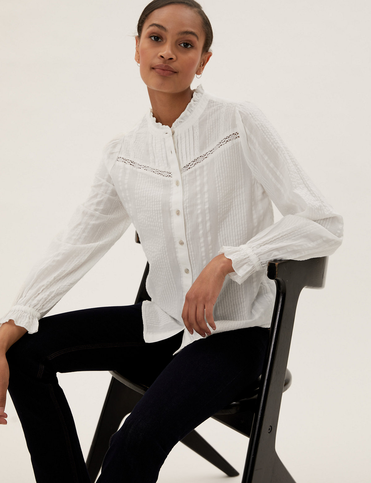 Pure Cotton Lace Insert Pintuck Blouse