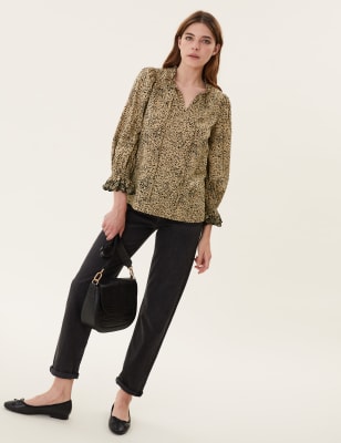 

Womens M&S Collection Pure Cotton Animal Print Tie Neck Blouse - Neutral Brown, Neutral Brown