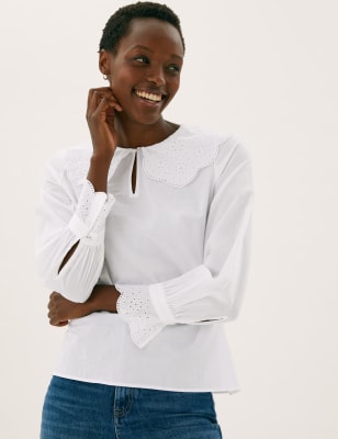 

Womens M&S Collection Pure Cotton Embroidered Regular Fit Blouse - Soft White, Soft White