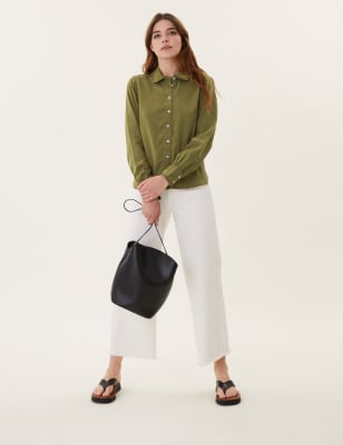 

Womens M&S Collection Pure Tencel™ Denim Peter Pan Collar Shirt - Moss, Moss