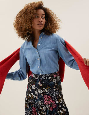 

Womens M&S Collection Pure Tencel™ Denim Peter Pan Collar Shirt - Blue, Blue