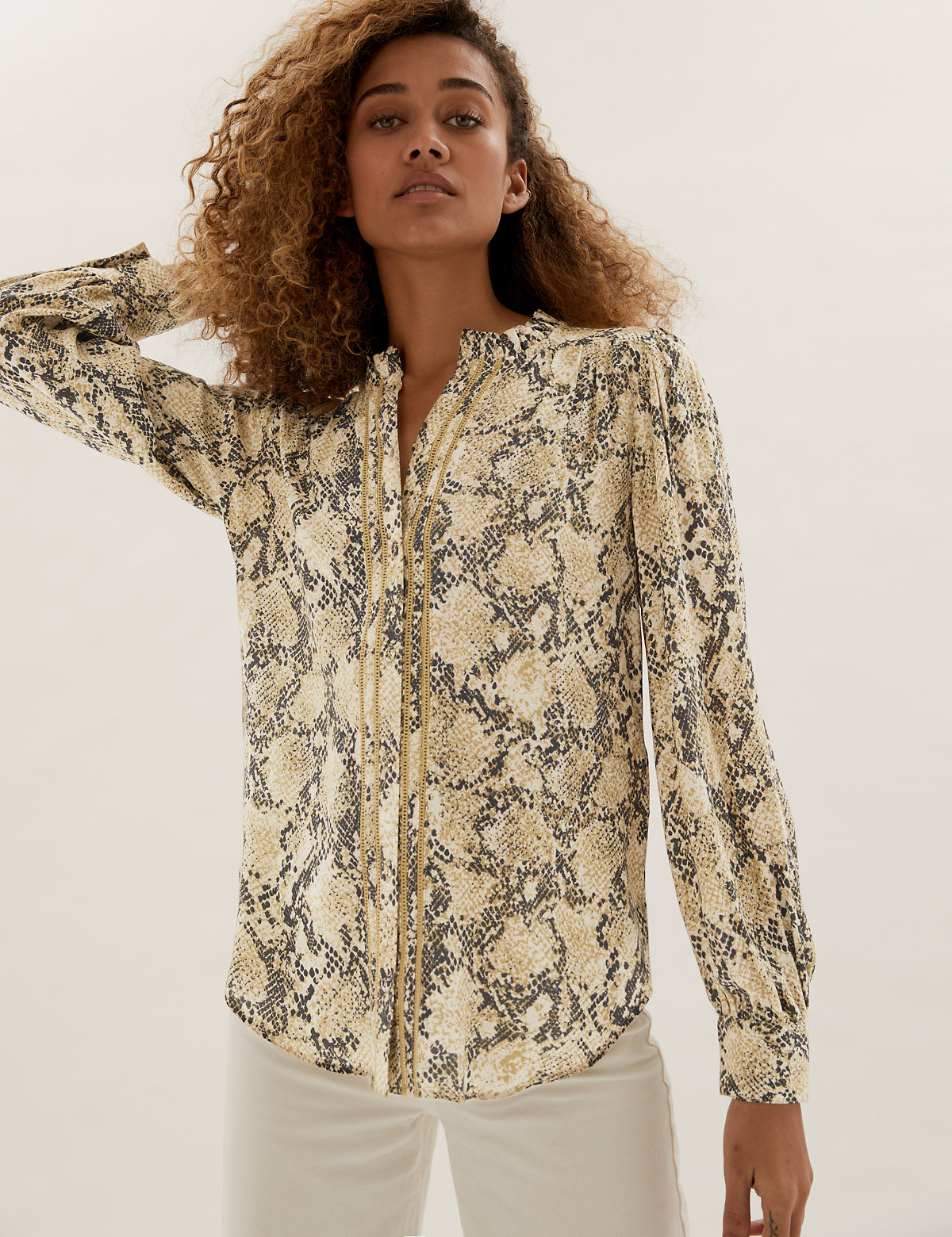 Printed Frill Neck Long Sleeve Blouse