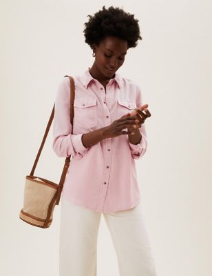 

Womens M&S Collection Pure Tencel™ Denim Regular Fit Shirt - Pink, Pink
