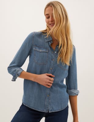 

Womens M&S Collection Normal geschnittenes Denim-T-Shirt aus reinem Tencel™, Denim