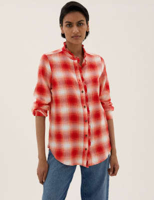 

Womens M&S Collection Cotton Rich Checked Frill Detail Shirt - Red Mix, Red Mix