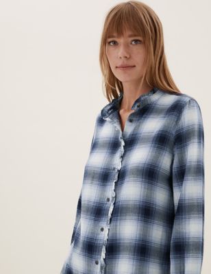 

Womens M&S Collection Cotton Rich Checked Frill Detail Shirt - Blue Mix, Blue Mix