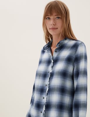 

Womens M&S Collection Cotton Rich Checked Frill Detail Shirt - Blue Mix, Blue Mix