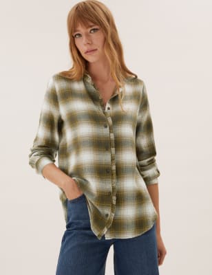 

Womens M&S Collection Cotton Rich Checked Frill Detail Shirt - Khaki Mix, Khaki Mix