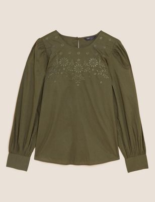 M&S Womens Pure Cotton Embroidered Puff Sleeve Top