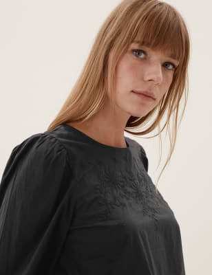 

Womens M&S Collection Pure Cotton Embroidered Puff Sleeve Top - Black, Black