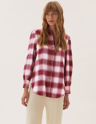 

Womens M&S Collection Checked Collared Relaxed Longline Shirt - Pink Mix, Pink Mix
