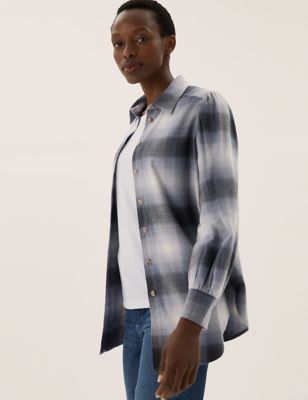 

Womens M&S Collection Checked Collared Relaxed Longline Shirt - Grey Mix, Grey Mix