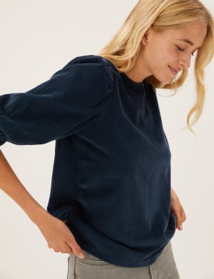 

Womens M&S Collection Normal geschnittenes Cordoberteil mit Puffärmeln - Navy, Navy