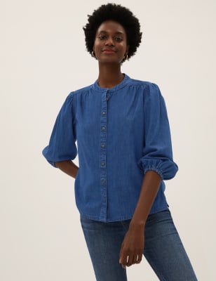 Denim Collarless Puff Sleeve Shirt