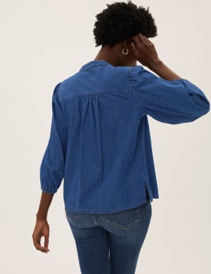 Denim Collarless Puff Sleeve Shirt