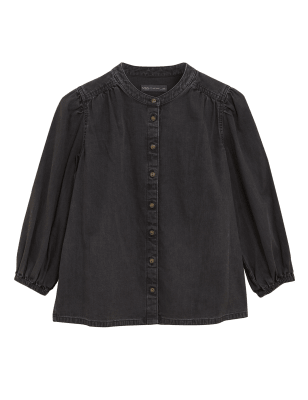 

M&S Collection Camisa denim sin cuello de manga abullonadaWomens - Dark Charcoal, Dark Charcoal