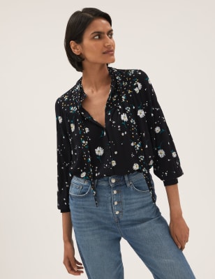 

Womens M&S Collection Bluse mit Blumenmuster und abnehmbarem Bindekragen - Black Mix, Black Mix