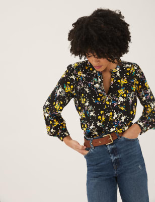

Womens M&S Collection Printed Regular Fit Long Sleeve Blouse - Black Mix, Black Mix