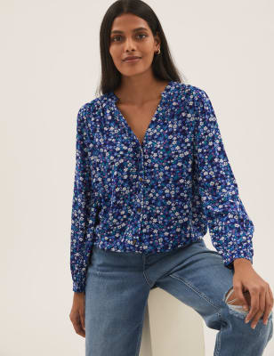 

Womens M&S Collection Floral V-Neck Relaxed Blouse - Blue Mix, Blue Mix