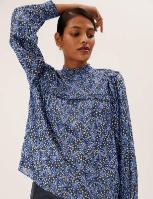 

Womens M&S Collection Bluse aus Modalmischgewebe mit Glitzermuster - Blue Mix, Blue Mix