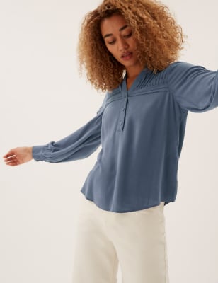 

Womens M&S Collection V-Neck Regular Fit Long Sleeve Blouse - Blue, Blue