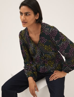 

Womens M&S Collection Star Print V-Neck Blouson Sleeve Blouse - Black Mix, Black Mix
