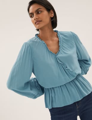 

Womens M&S Collection V-Neck Frill Detail Regular Fit Blouse - Mint, Mint