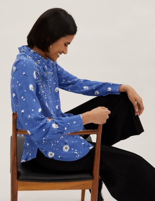

Womens M&S Collection Floral Collared Pintuck Regular Fit Shirt - Blue Mix, Blue Mix