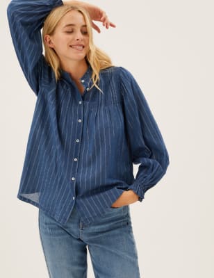 

Womens M&S Collection Bluse mit Glitzerstreifen und hohem Baumwollanteil - Blue, Blue