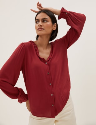 

Womens M&S Collection V-Neck Frill Detail Long Sleeve Blouse - Deep Red, Deep Red