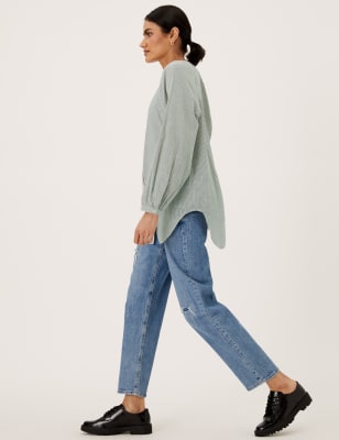 

Womens M&S Collection Gestreifte Langarmbluse aus reiner Baumwolle - Khaki Mix, Khaki Mix