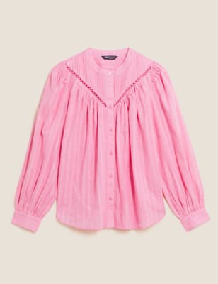 

Womens M&S Collection Pure Cotton Collarless Long Sleeve Blouse - Pink, Pink