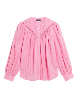 M&S Womens Pure Cotton Collarless Long Sleeve Blouse