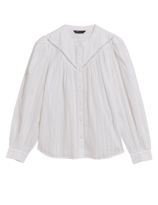 

M&S Collection Blusa 100% algodón de manga larga sin cuelloWomens - Ivory, Ivory