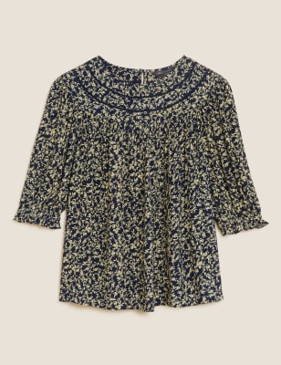 

Womens M&S Collection Normal geschnittenes Oberteil mit Puffärmeln und Muster - Yellow Mix, Yellow Mix