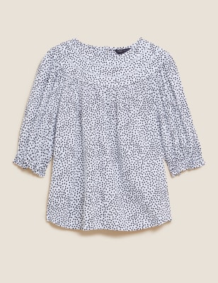 

Womens M&S Collection Normal geschnittenes Oberteil mit Puffärmeln und Muster - White Mix, White Mix