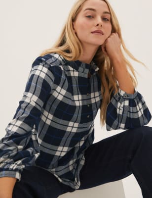 

Womens M&S Collection Checked High Neck Button Detail Blouse - Navy Mix, Navy Mix