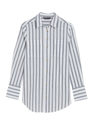 

Womens M&S Collection Pure Cotton Striped Regular Fit Shirt - Grey Mix, Grey Mix