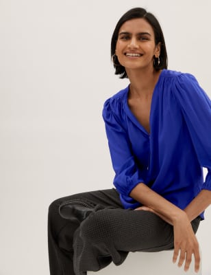 

M&S Collection Blusa cerrada de manga abullonada con detalle de botonaduraWomens - Purple, Purple