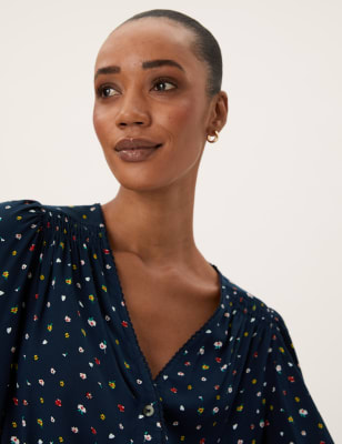 

Womens M&S Collection Printed V-Neck Tie Front Blouse - Navy Mix, Navy Mix