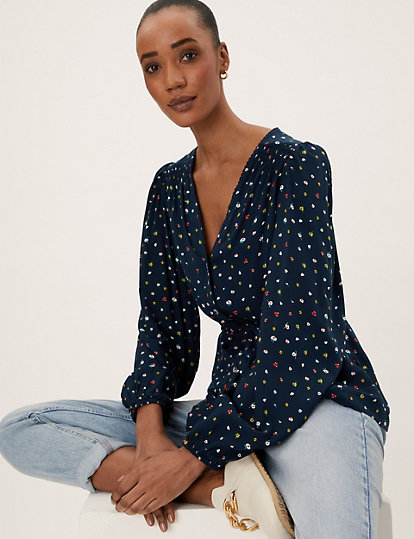 Printed V-Neck Tie Front Blouse