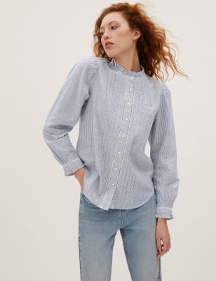 

M&S Collection Blusa 100% algodón de rayas con fruncidoWomens - Blue Mix, Blue Mix