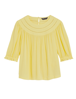 

Womens M&S Collection Normal geschnittenes Oberteil mit Rundhalsausschnitt und Puffärmeln - Yellow, Yellow