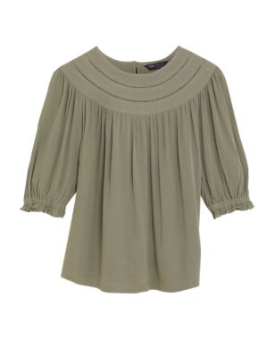 

Womens M&S Collection Crew Neck Regular Fit Puff Sleeve Top - Faded Khaki, Faded Khaki