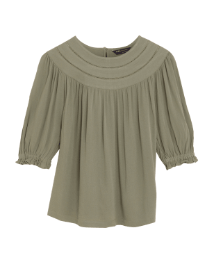 

Womens M&S Collection Crew Neck Regular Fit Puff Sleeve Top - Faded Khaki, Faded Khaki