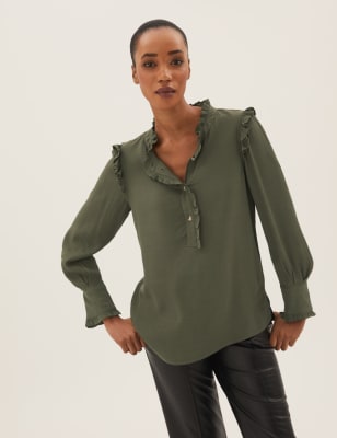 

Womens M&S Collection Frill Neck Regular Fit Ruffle Blouse - Faded Khaki, Faded Khaki