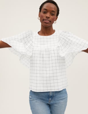 

Womens M&S Collection Pure Cotton Printed Angel Sleeve Blouse - White Mix, White Mix