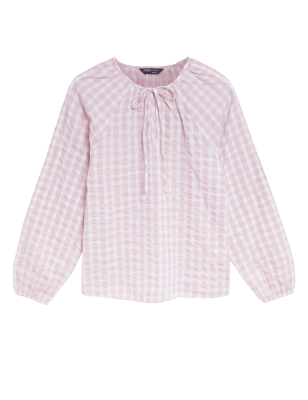 

Womens M&S Collection Pure Cotton Gingham Regular Fit Blouse - Pink Mix, Pink Mix